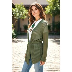 Tracy Reese New York Green Open Knit Tie Belt Cardigan Sweater Women’s Size L